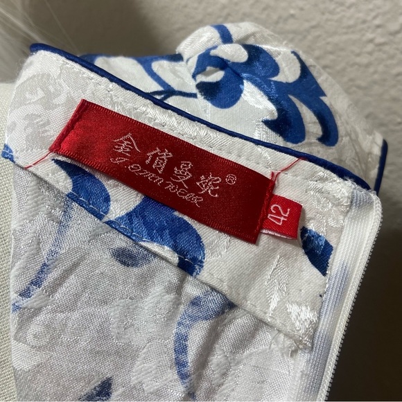 Chinese Qipao Cheongsam Floral Sequin Midi Dress Blue White Size Medium - Picture 10 of 10